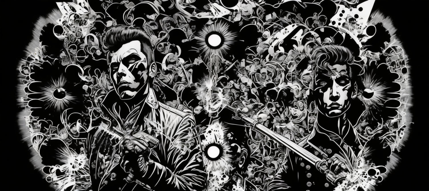 Monochrome artwork: Stylized men with pompadours in surreal cosmic scene