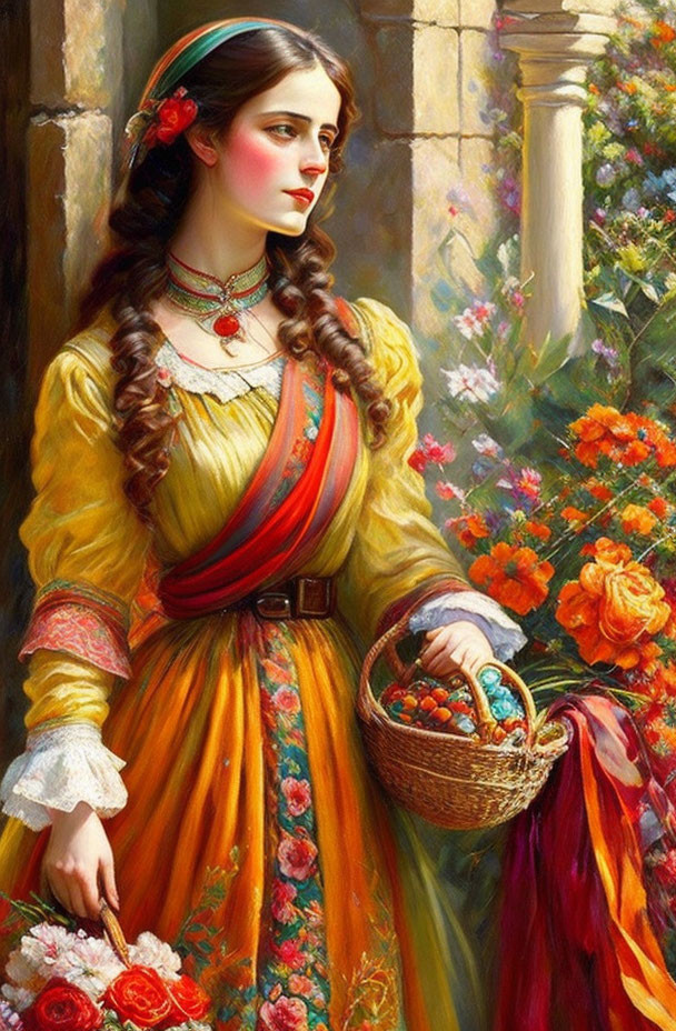 Portrait of Woman with Braided Hair in Yellow Dress and Red Sash Holding Basket by Blooming Flowers