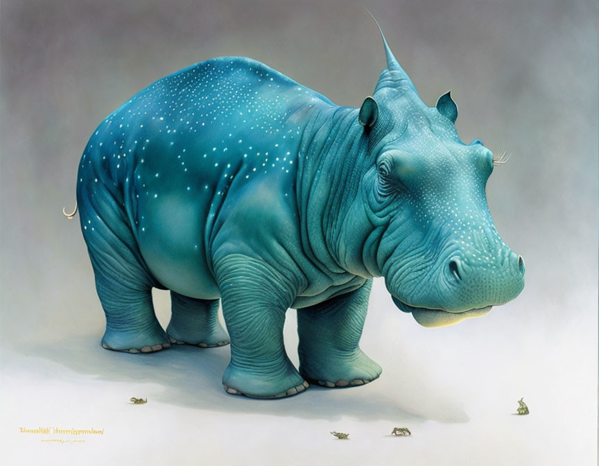 Fantasy illustration: Rhinoceros with starry, turquoise-blue skin in serene environment