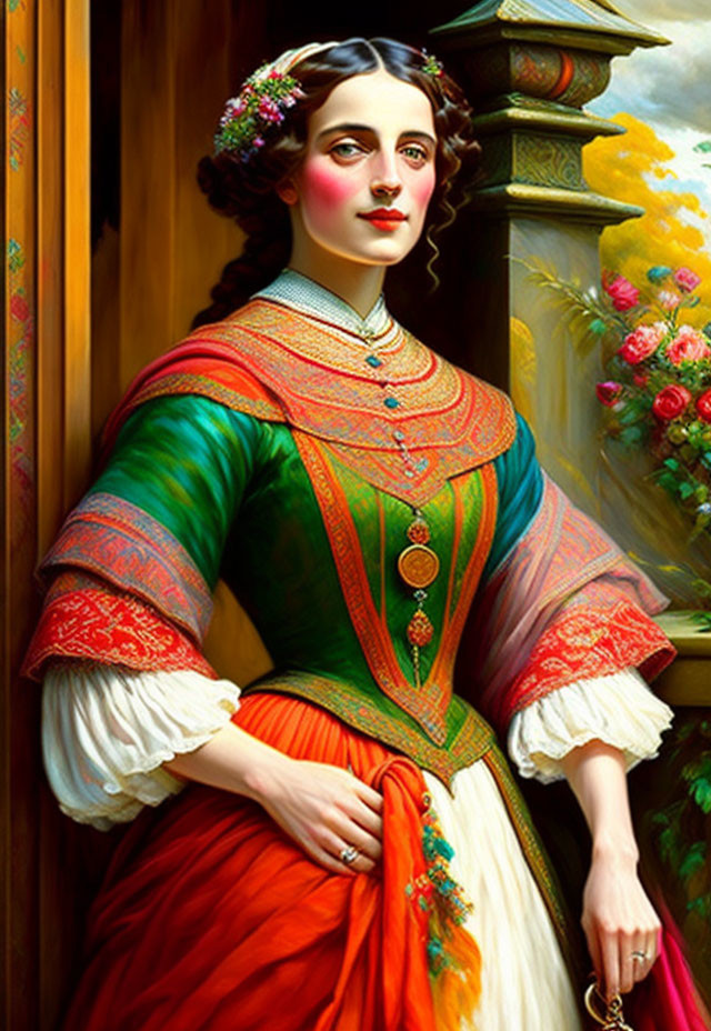 Colorful Traditional Attire Woman Painting by Wooden Door