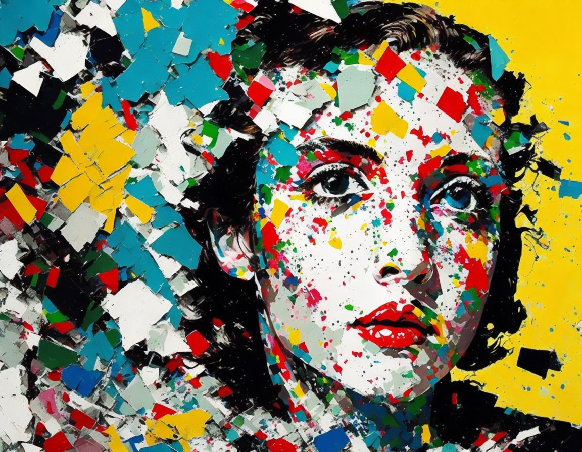 Fragmented portrait of a woman on yellow background with geometric shapes and splattered paint