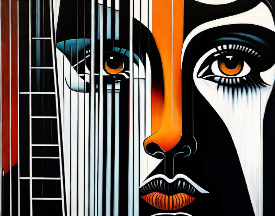Monochrome and Orange Abstract Painting with Stylized Female Faces