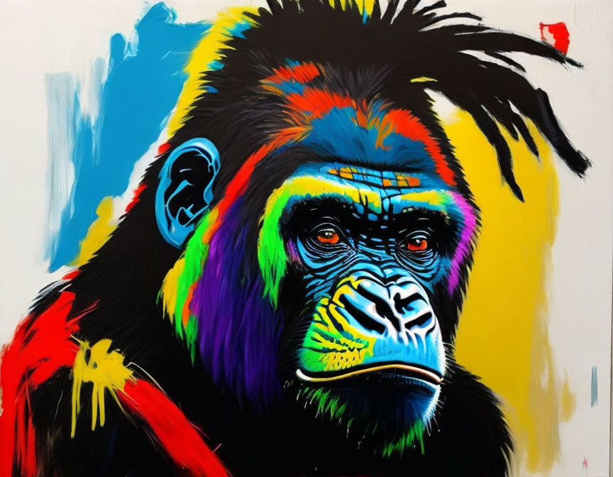 Vibrant painting of pensive chimpanzee with colorful hues on black background