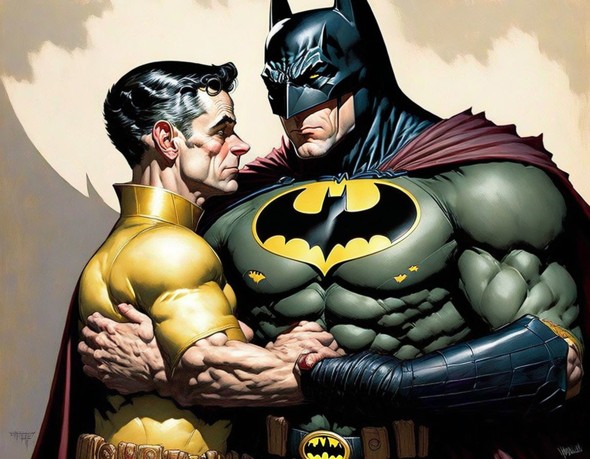 Superhero duo Batman and Superman in serious face-to-face illustration