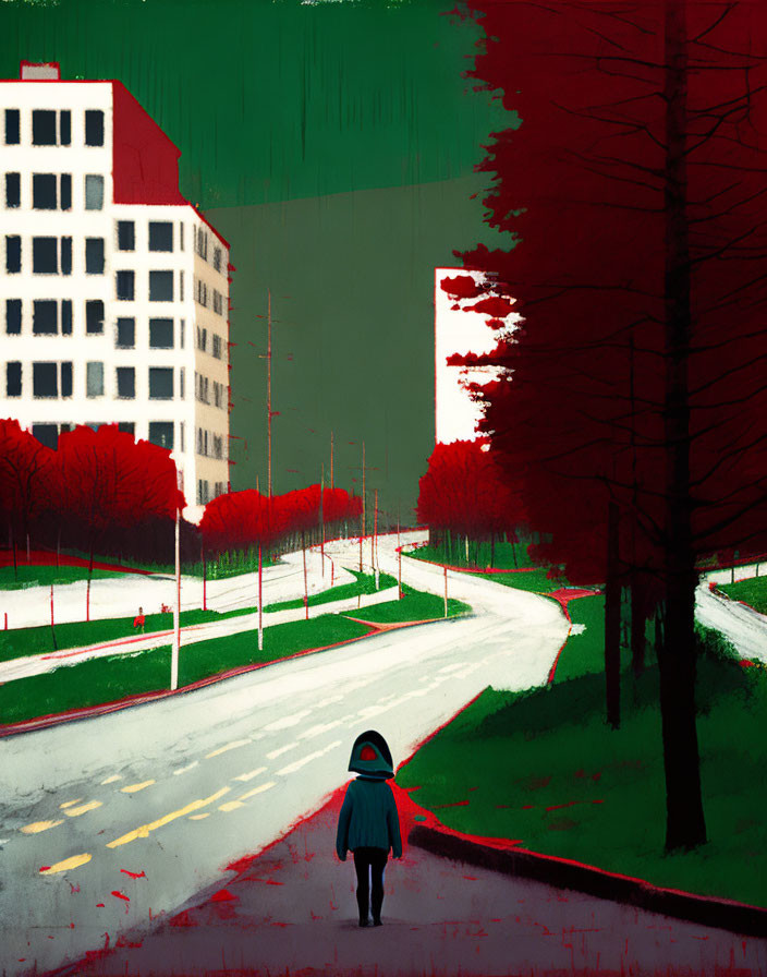 Child walking on curving road with red foliage and green skies.