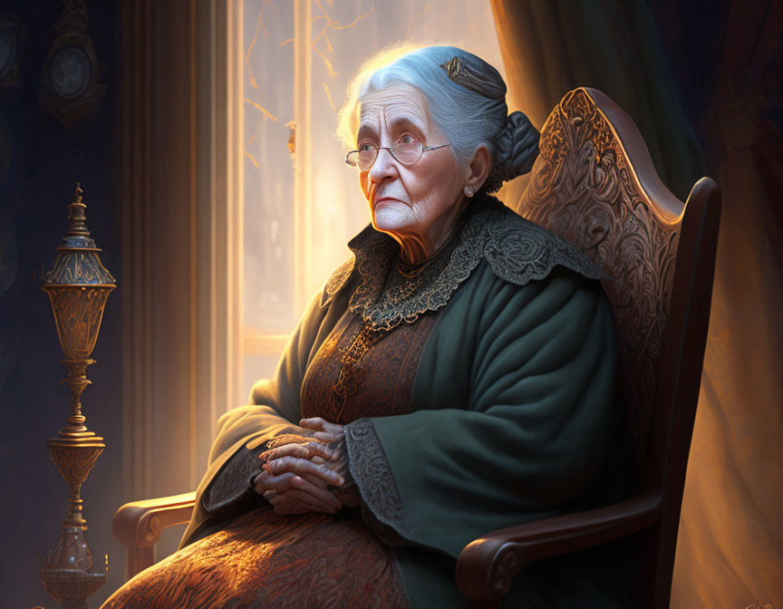 Elderly woman in green dress by sunlit window