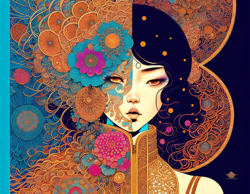 Stylized female figure with black hair in intricate gold and blue floral patterns