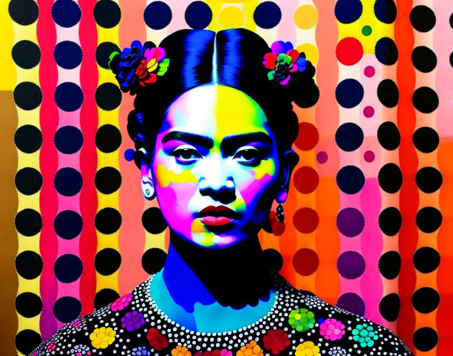 Colorful Portrait of Woman with Flowered Hair on Striped Background