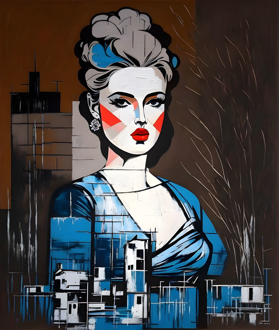 Bold Woman Portrait with Red and White Makeup and Urban Backdrop Integration