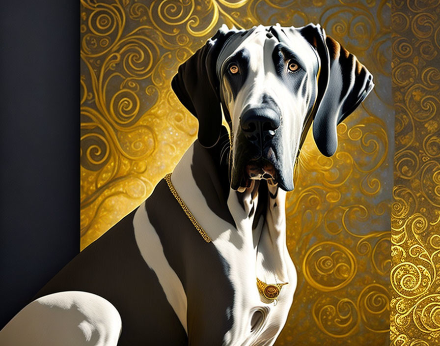 Regal Great Dane with glossy coat on gold ornate background