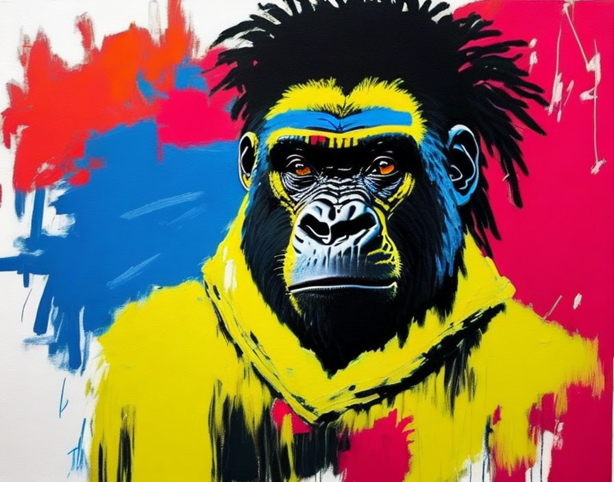 Vivid painting of stern gorilla in yellow jacket on red and blue backdrop