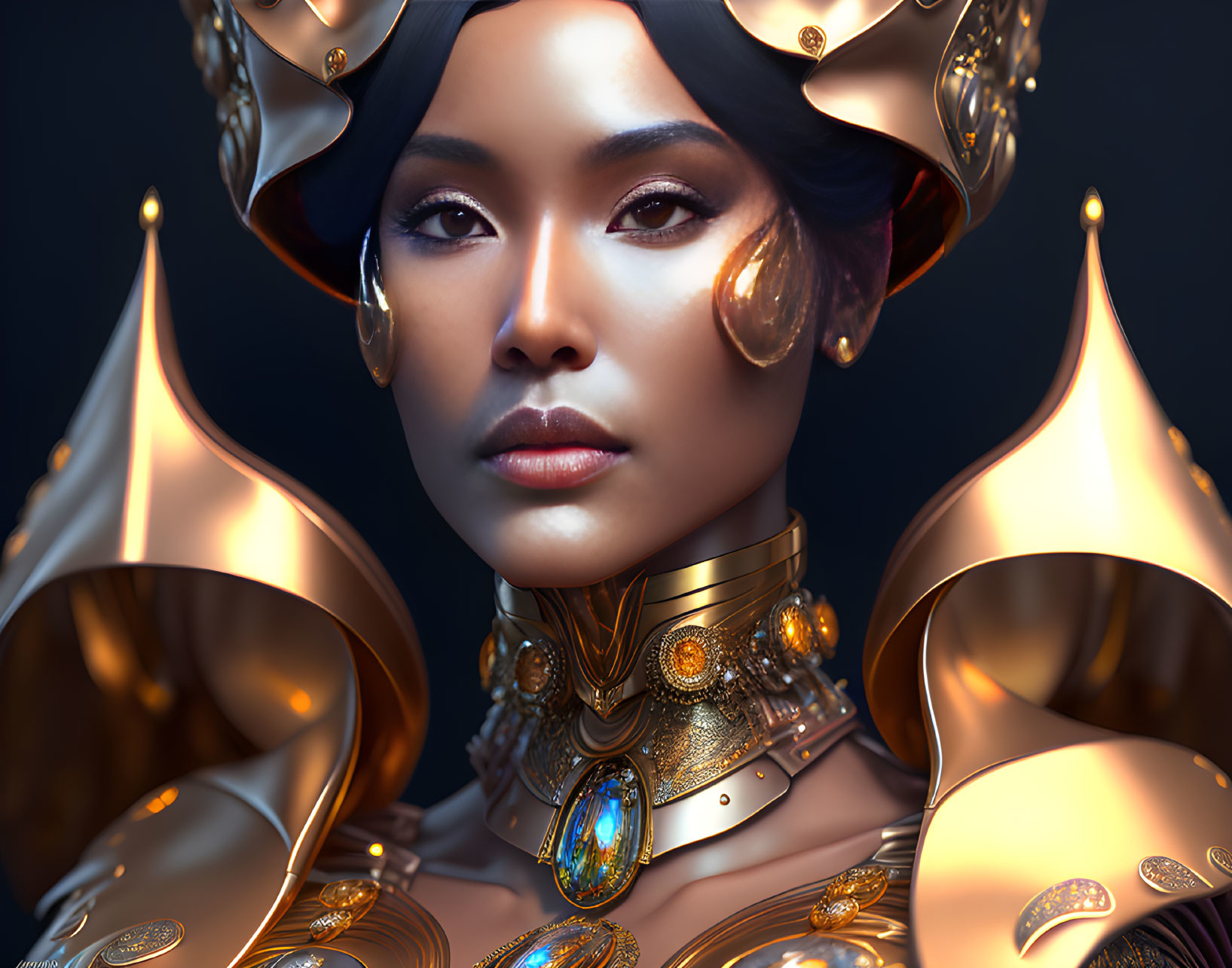 Digital artwork of woman in regal gold crown and gemstone-adorned armor, with powerful gaze