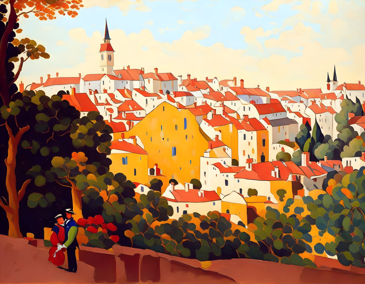 Colorful town painting with orange roofs, figures, and trees under blue sky