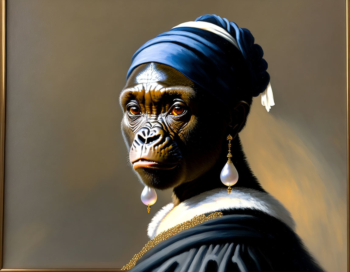 Surreal gorilla portrait with human-like features in blue turban and robes