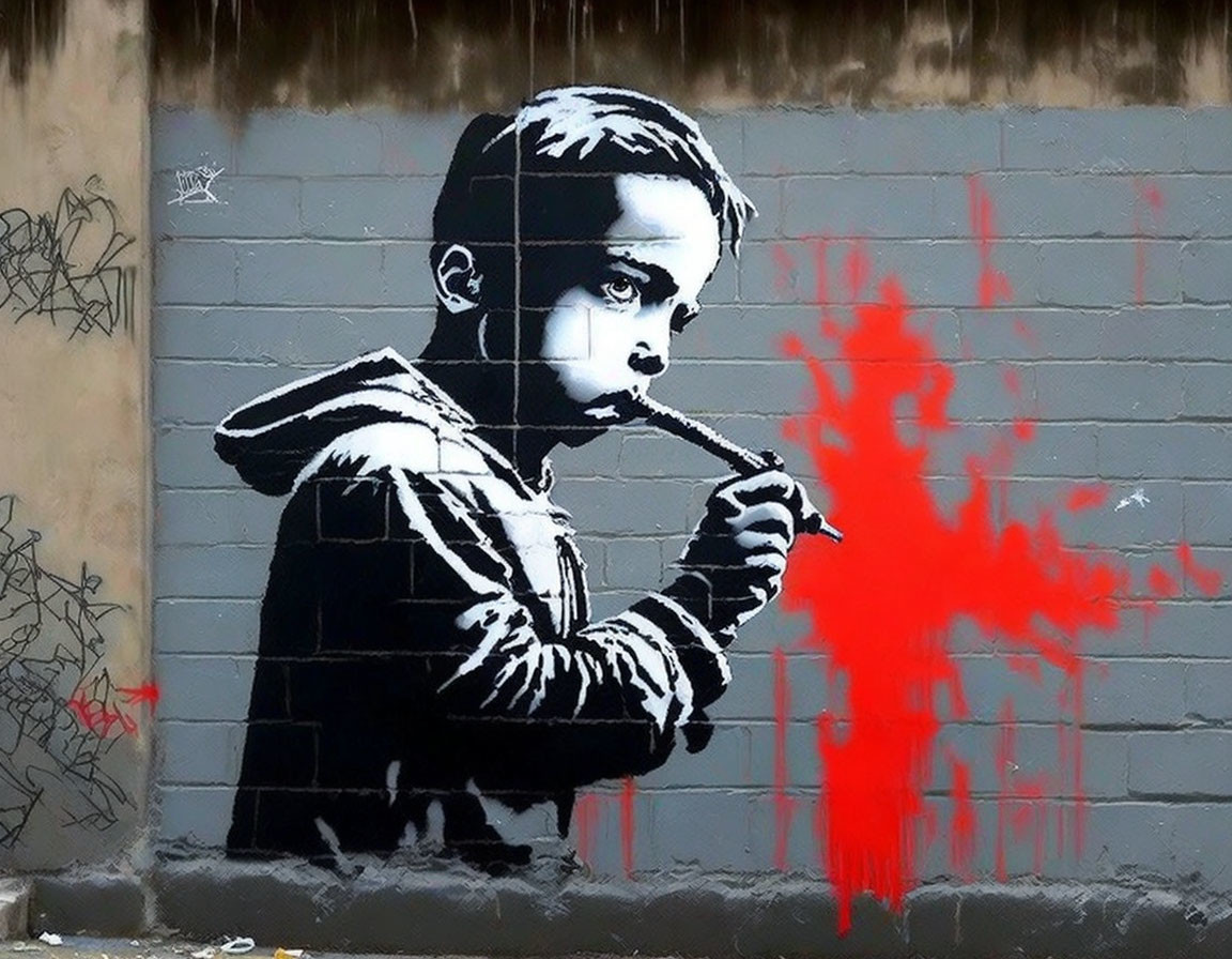 Monochrome street art mural featuring child with balloon on graffiti wall