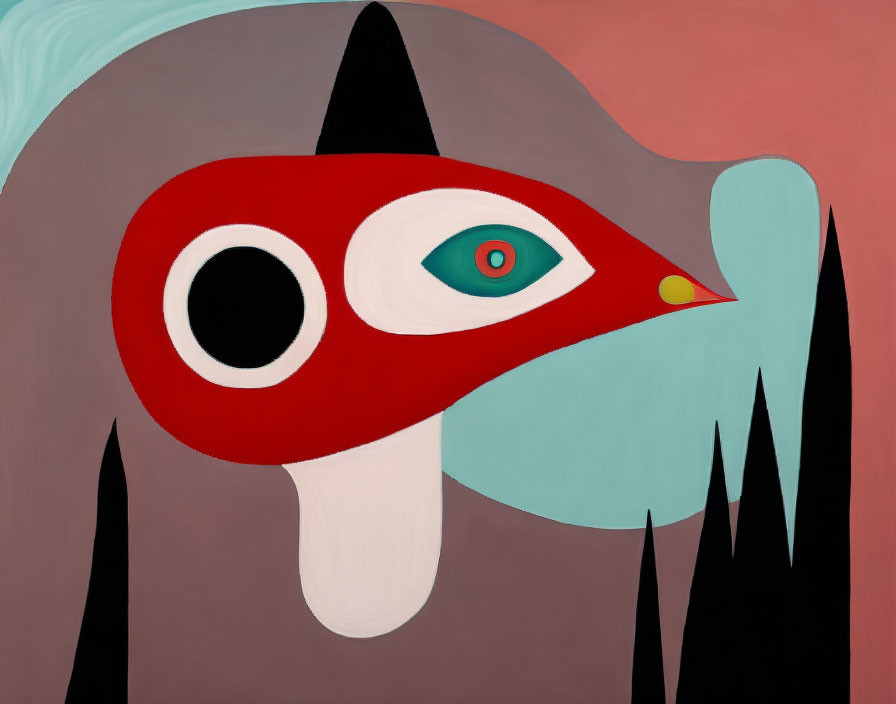 Stylized red creature with large white eye in abstract painting