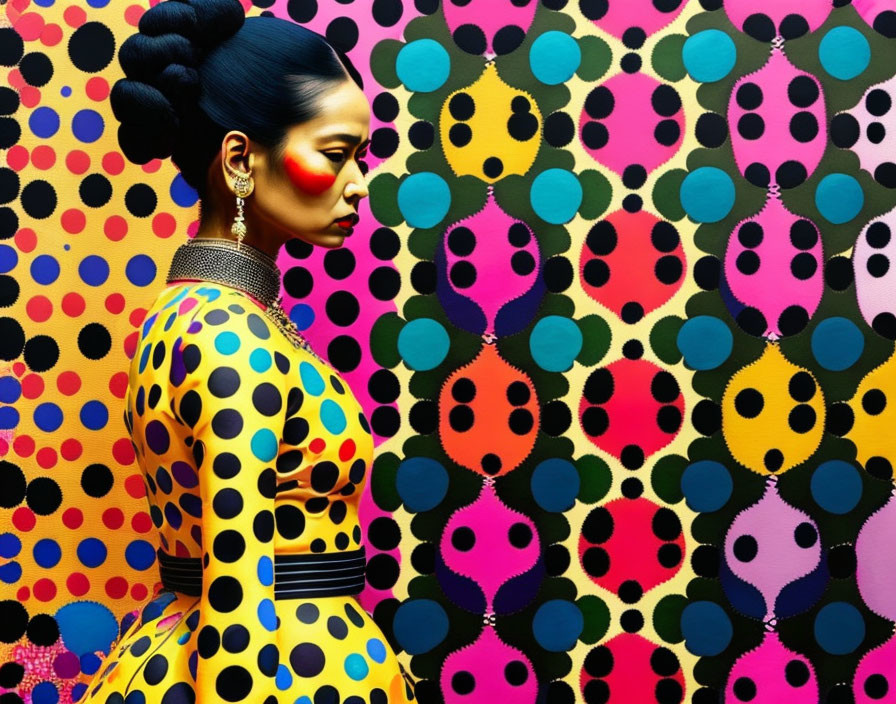 Elaborate Hairstyle and Vibrant Makeup Woman in Polka-Dot Background