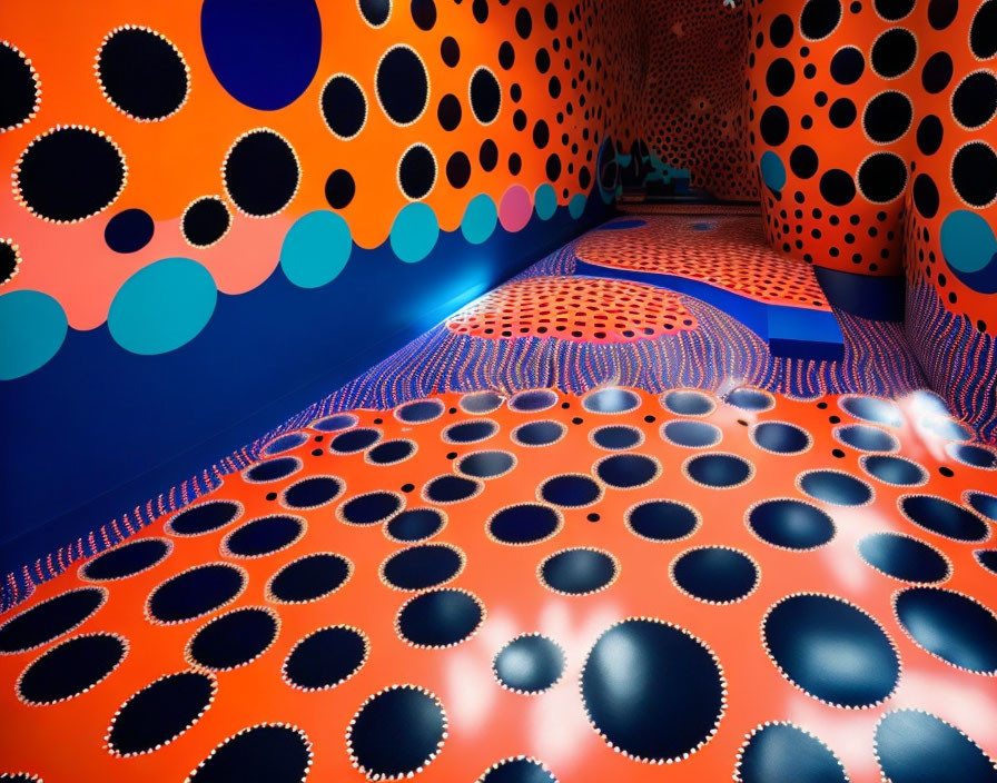 Colorful Room with Orange Walls and Floor, Black Polka Dots, Blue Swirling Pattern