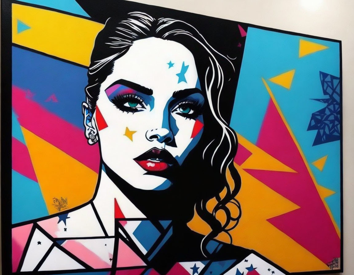 Colorful Pop Art Portrait of Woman with Star Face and Geometric Background