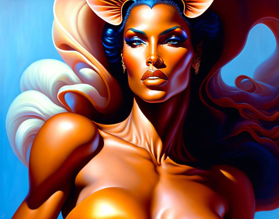 Vibrant digital art: Woman with blue eyeshadow & wind-swept hair in brown