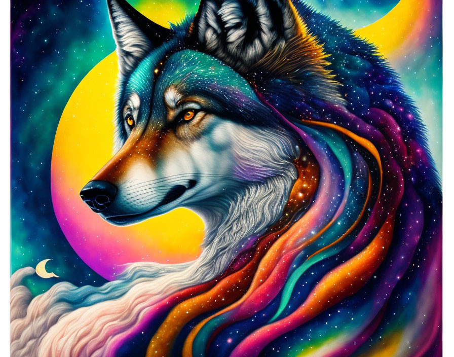 Colorful wolf illustration in cosmic setting