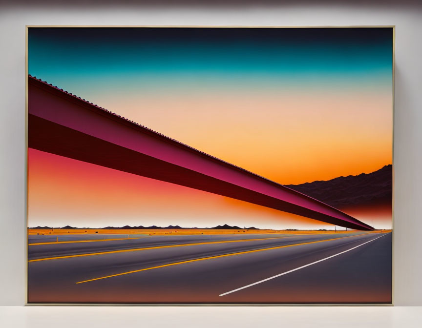 Colorful artwork: road to horizon under gradient dusk sky & bold diagonal element