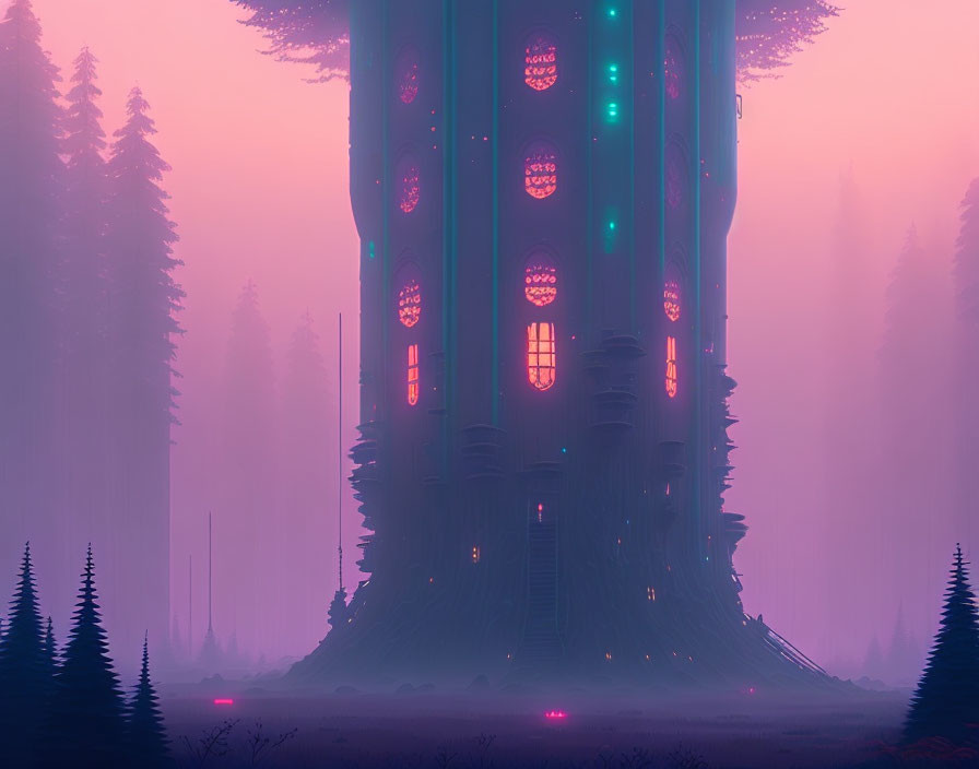 Futuristic cylindrical building in misty forest with glowing windows and neon signs