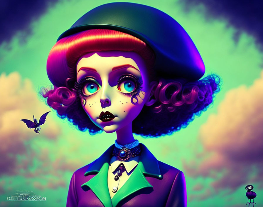 Colorful digital portrait of a woman with expressive eyes in retro outfit under purple sky