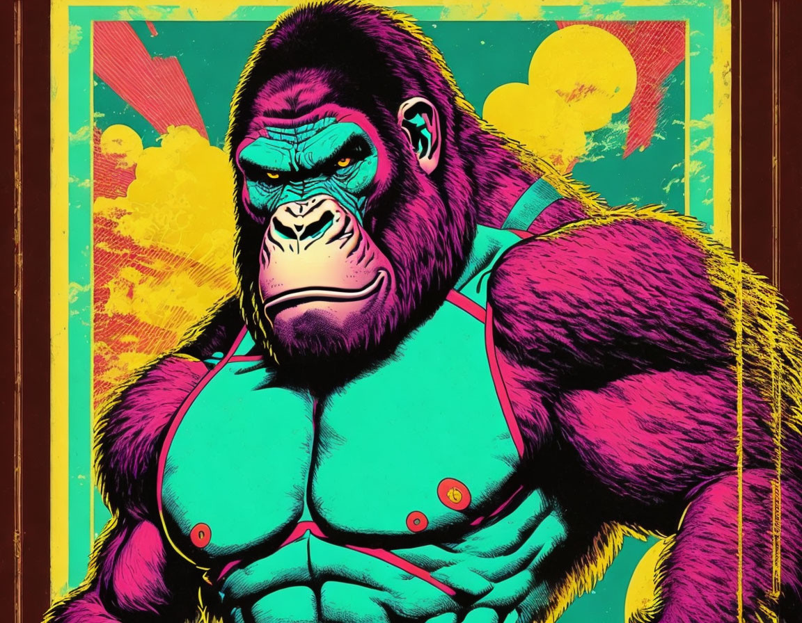 Colorful Comic-Style Illustration of Muscular Gorilla against Retro Background