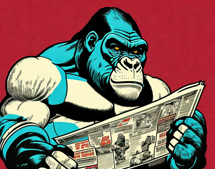 Muscular anthropomorphic gorilla reading newspaper on crimson background