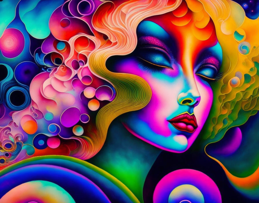 Colorful Psychedelic Woman's Face Art with Abstract Patterns