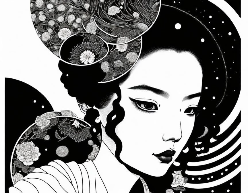 Detailed monochromatic woman illustration with Asian floral motifs
