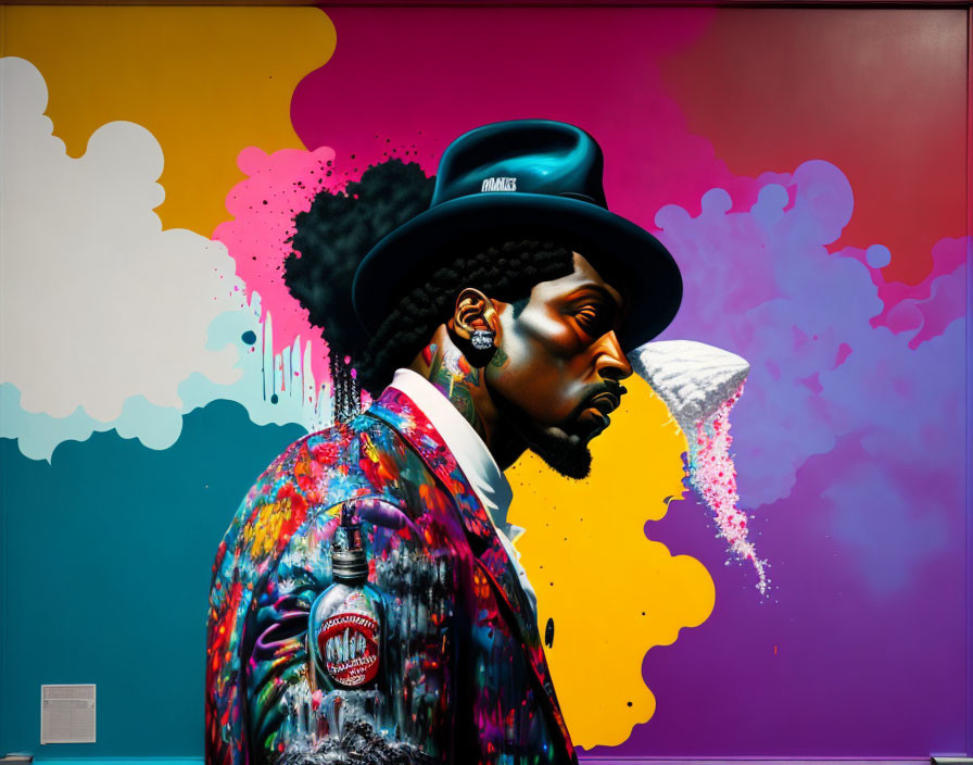 Colorful graffiti artwork of a man in sideways hat and multicolored suit