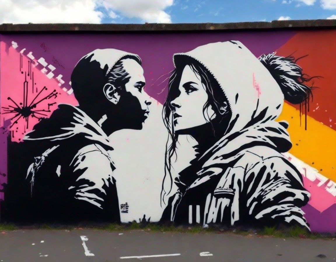 Monochrome mural of man and woman near kiss on purple-yellow background