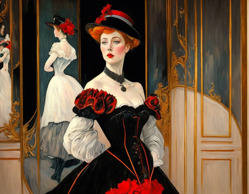 Stylish woman in black dress and red hat posing in front of mirror