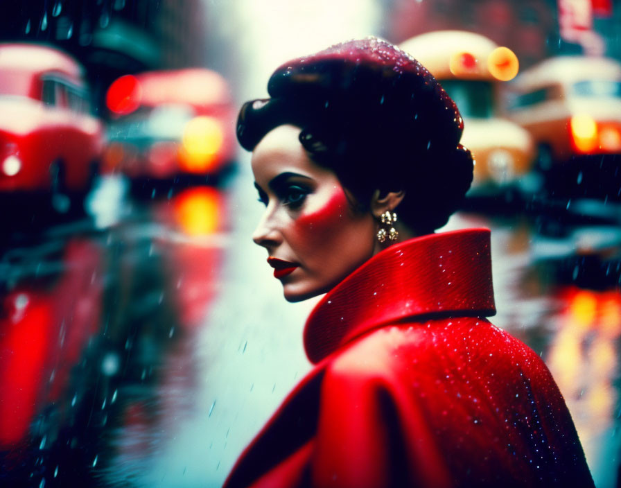 Pensive woman in red coat and beret against city lights and rainy street