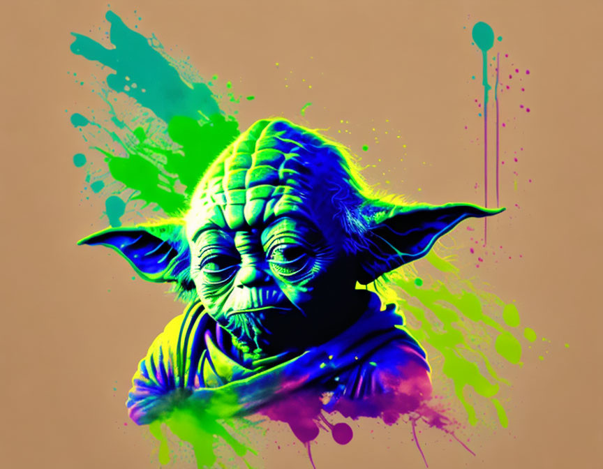 Colorful Yoda Digital Artwork with Neon Background