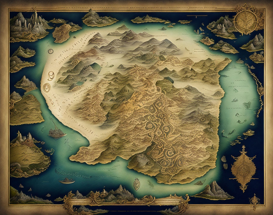 Detailed Antique-Style Fantasy Island Map with Mountains, Forests, Sea Monsters, and Ships