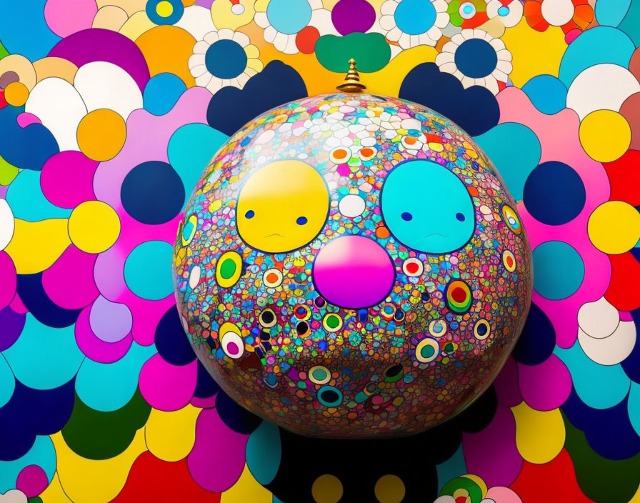 Colorful sphere with patterned surface on multicolored backdrop