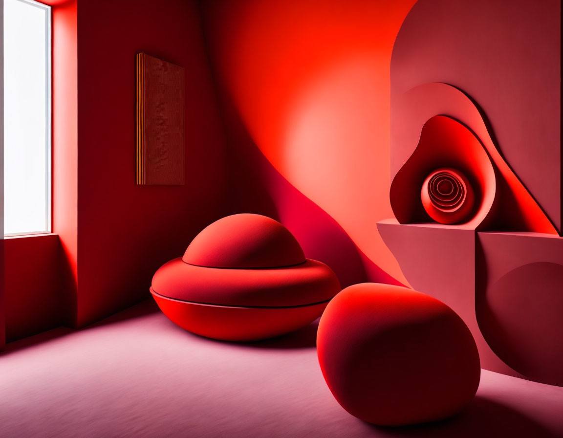 Abstract red interior with organic shapes & spiral structure under natural light