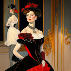 Stylish woman in black dress and red hat posing in front of mirror