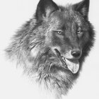 Detailed Gray Wolf Face in Winter Foliage and Snowflakes