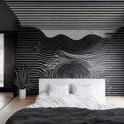 Abstract black wall mural with white and gray waves illusion