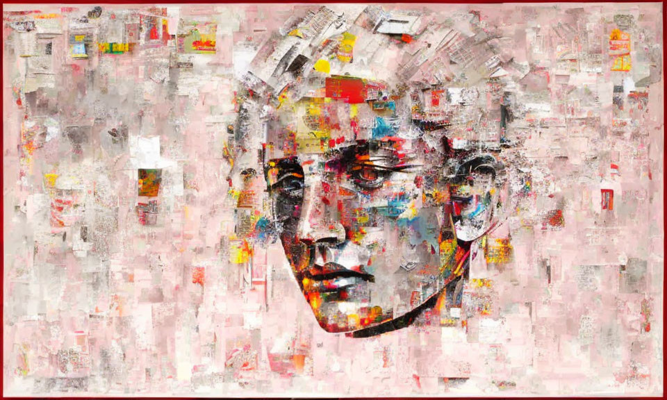 Colorful Abstract Face Portrait with Text Snippets on Pink Background
