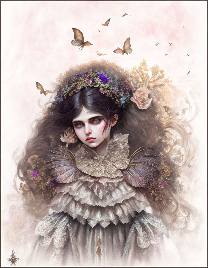 Detailed Woman Illustration with Ornate Hair, Flower Crown, Butterfly Wings, Ruffles, and Butter