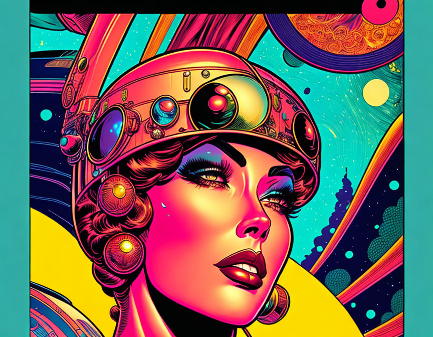 Colorful illustration of woman in futuristic helmet with cosmic background