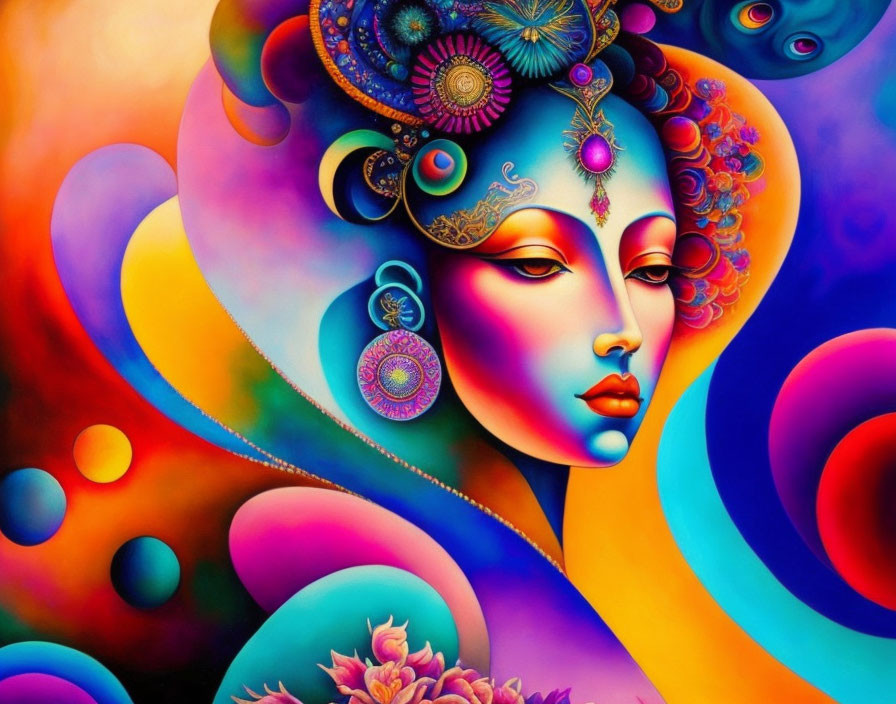 Colorful Stylized Woman's Face Surrounded by Abstract Shapes