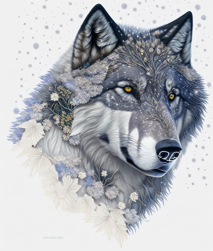 Detailed Gray Wolf Face in Winter Foliage and Snowflakes