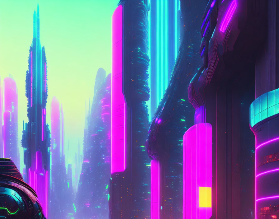 Futuristic cityscape with neon-lit skyscrapers in pink and blue sky