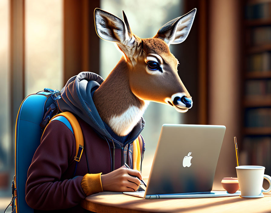 Anthropomorphic deer in hoodie and backpack working on laptop at desk